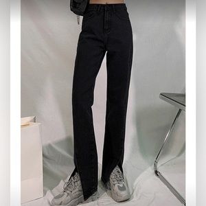 High-waisted black split micro-cut jeans drop loose wide leg straight leg mop